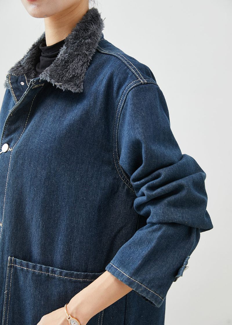 Manteaux En Denim Polaire Chaud Avec Col Peter Pan De La Marine Moderne Poches Hiver - Trenchs femmes