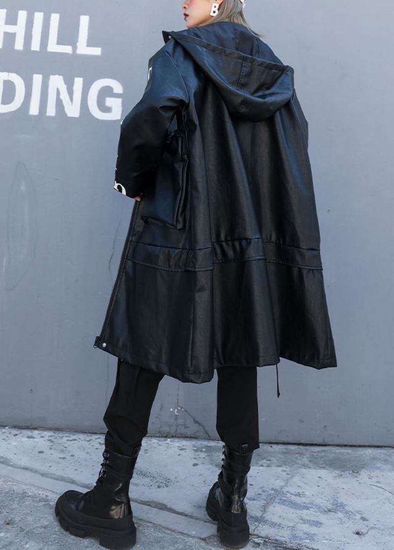 Manteaux De Grue Fins Noirs Pour Femmes Design Avec Poches À Capuche En Pu - Trenchs femmes