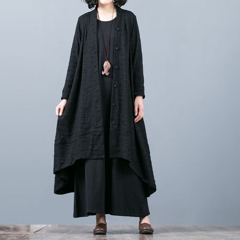 Manteaux Jacquard Noirs Surdimensionnés Pour Femmes Baggy À Grand Ourlet Design Asymétrique Vêtements D'extérieur Patchwork Manteau Maxi Boutique - Trenchs femmes