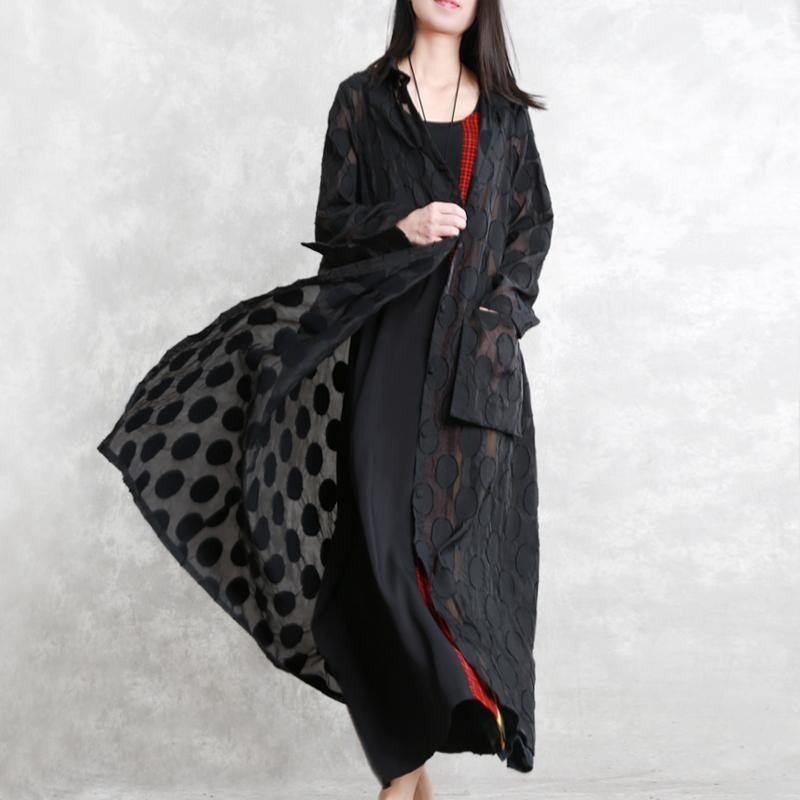 Manteaux Jacquard À Pois Noirs Grande Taille Col Rabattu Vêtements D'extérieur Manches Longues Poches Manteau Long - Trenchs femmes