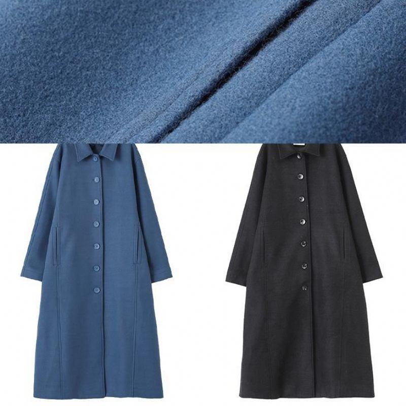 Manteaux En Laine Bleus Pour Femmes Manteau Long Surdimensionné Avec Cravate Crantée À La Taille - Noir