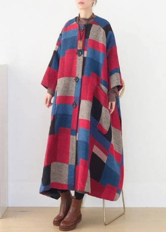 Manteaux En Laine À Carreaux Rouges Vintage Surdimensionnés Col Rond Ourlet Extra Large Long Manteau D'hiver Pour Femmes