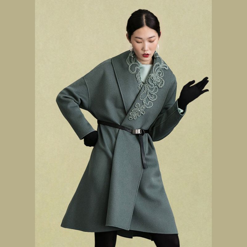 Manteaux En Laine Vert Armée Pour Femmes Grande Taille Manteau D'hiver Brodé Manches Longues Vêtements D'extérieur En - Trenchs femmes