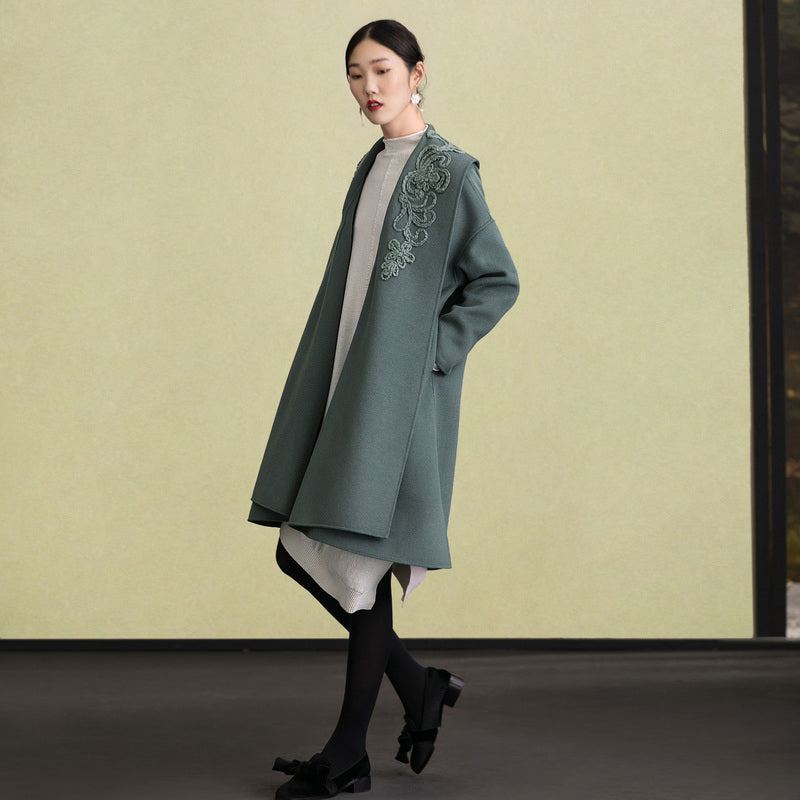 Manteaux En Laine Vert Armée Pour Femmes Grande Taille Manteau D'hiver Brodé Manches Longues Vêtements D'extérieur En - Trenchs femmes