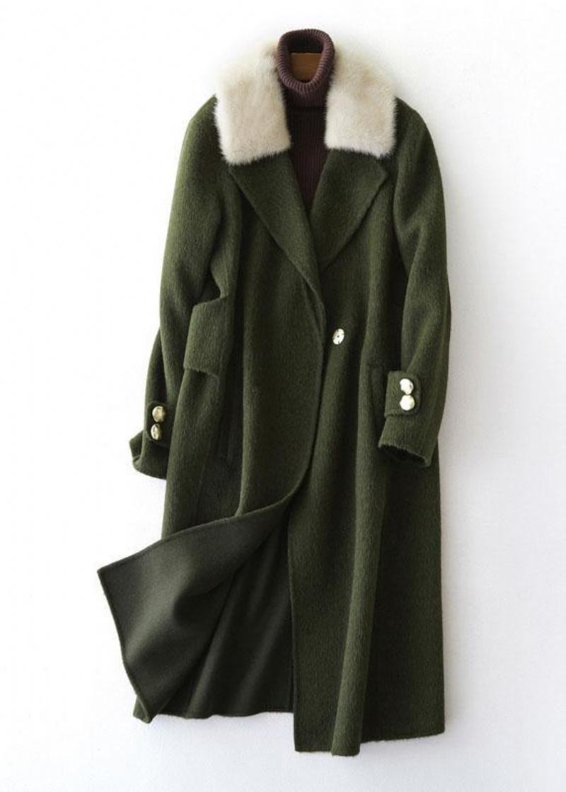 Manteaux En Laine Vert Armée Vintage Trench-coat Surdimensionné Avec Col En Fourrure Pour Femmes Crantés