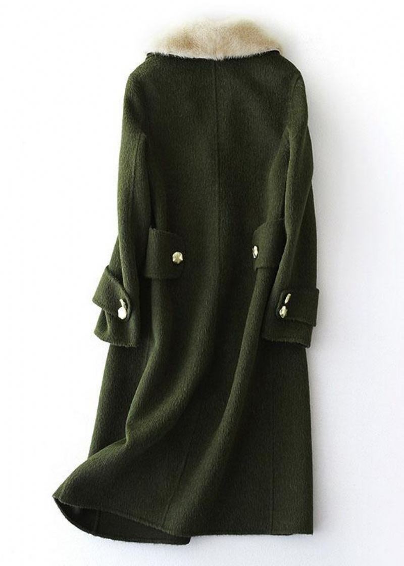 Manteaux En Laine Vert Armée Vintage Trench-coat Surdimensionné Avec Col En Fourrure Pour Femmes Crantés - Trenchs femmes