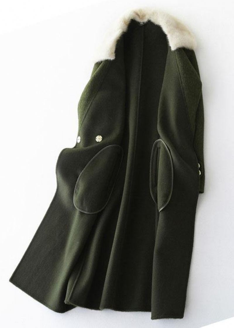 Manteaux En Laine Vert Armée Vintage Trench-coat Surdimensionné Avec Col En Fourrure Pour Femmes Crantés - Trenchs femmes