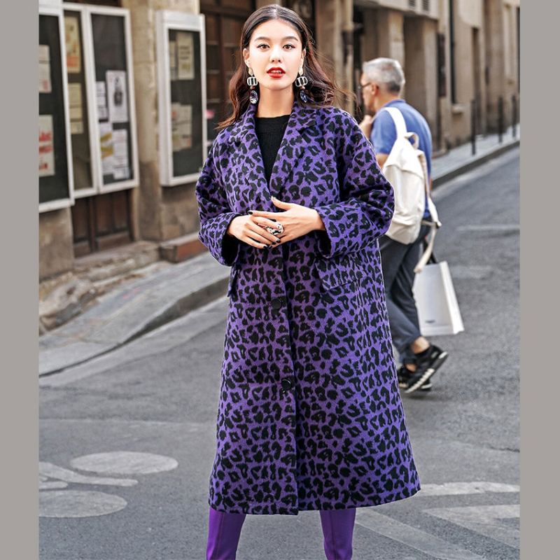 Manteaux Léopard Violets À La Mode Surdimensionnés Vêtements D'extérieur Crantés Poches Élégantes Vestes En Laine - Trenchs femmes