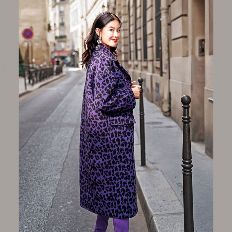 Manteaux Léopard Violets À La Mode Surdimensionnés Vêtements D'extérieur Crantés Poches Élégantes Vestes En Laine - Trenchs femmes