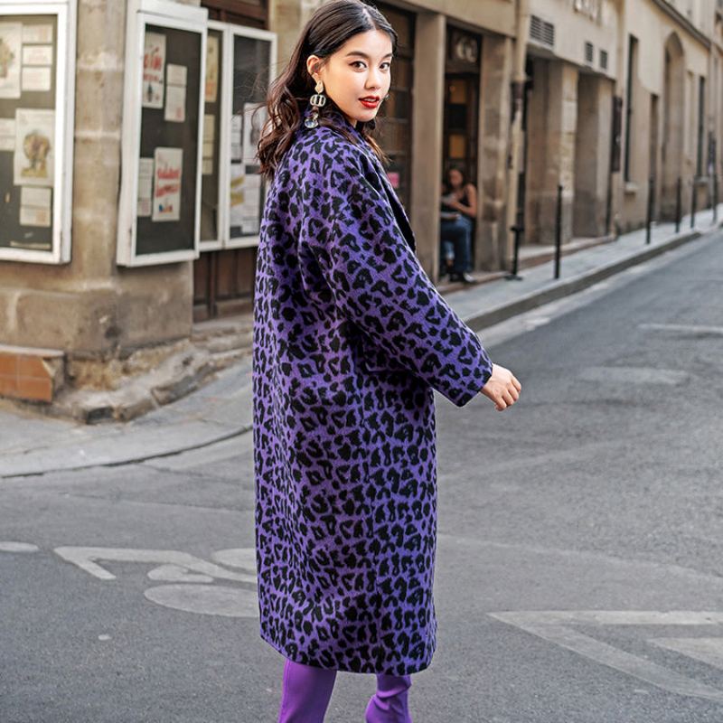 Manteaux Léopard Violets À La Mode Surdimensionnés Vêtements D'extérieur Crantés Poches Élégantes Vestes En Laine - Trenchs femmes