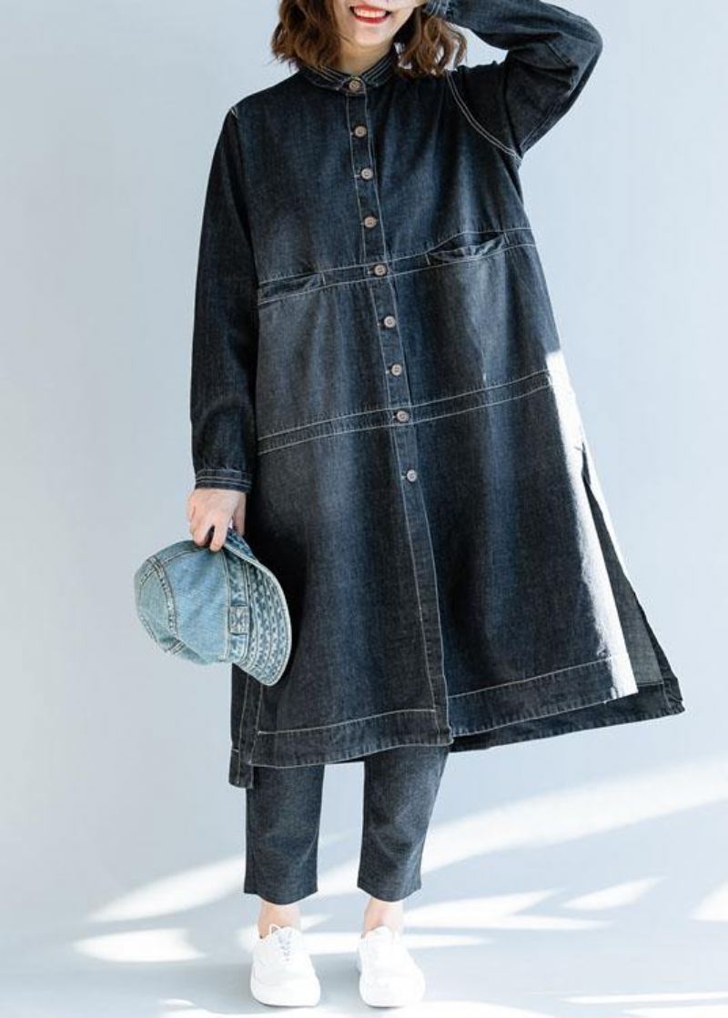 Manteaux Longs En Denim Noir Pour Femmes Tenues De Travail À La Mode D'automne Ouverts Sur Le Côté