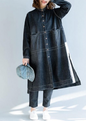 Manteaux Longs En Denim Noir Pour Femmes Tenues De Travail À La Mode D'automne Ouverts Sur Le Côté