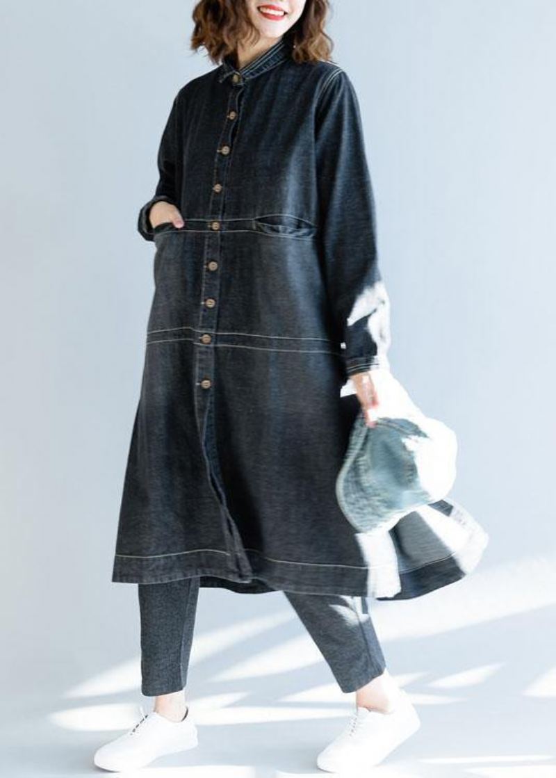 Manteaux Longs En Denim Noir Pour Femmes Tenues De Travail À La Mode D'automne Ouverts Sur Le Côté - Jean Noir