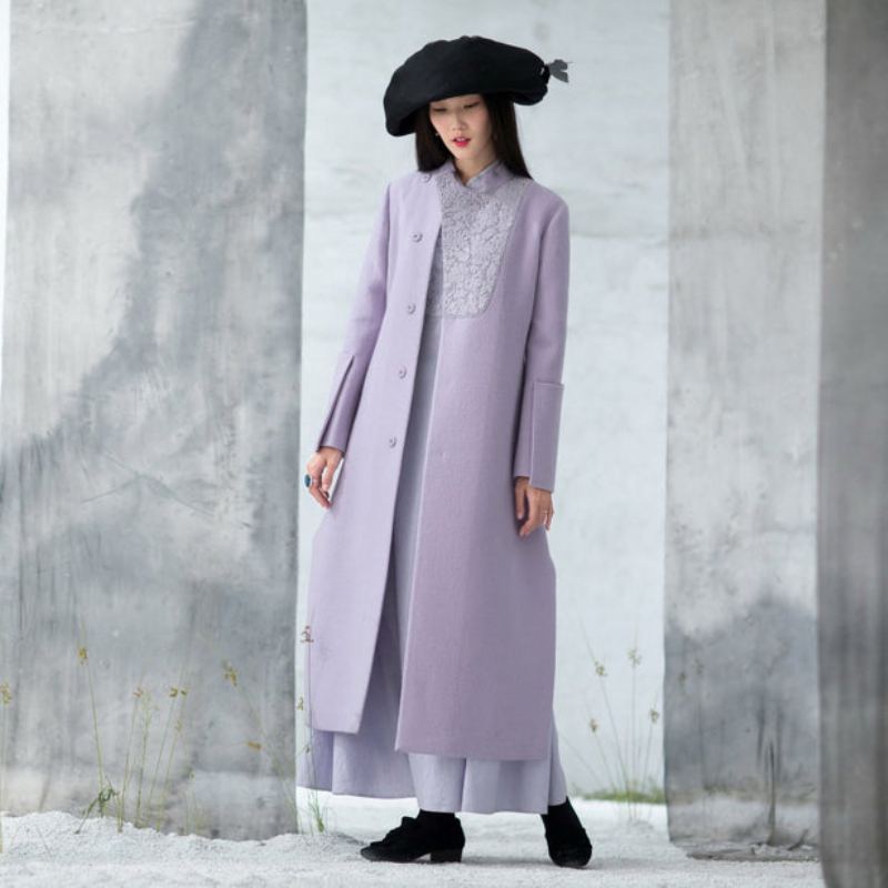 Manteaux De Luxe En Laine Violets Tendance Grande Taille Ouvert Sur Le Côté Long Manteau D'hiver Vêtements D'extérieur Brodés - Trenchs femmes