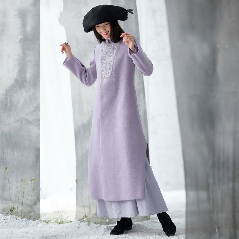 Manteaux De Luxe En Laine Violets Tendance Grande Taille Ouvert Sur Le Côté Long Manteau D'hiver Vêtements D'extérieur Brodés - Trenchs femmes