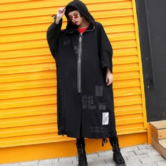 Manteaux Noirs Élégants Grande Taille Manteau À Capuche Mode Fermeture Éclair Cordon De Serrage Vestes Longues