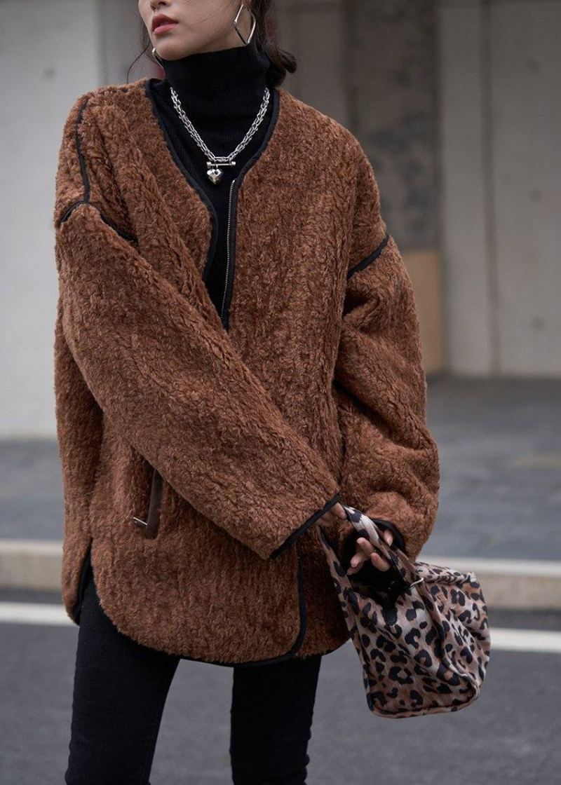 Manteaux Surdimensionnés Pour Femmes Manteau En Laine À Fermeture Éclair Col Rond Chocolat - Trenchs femmes