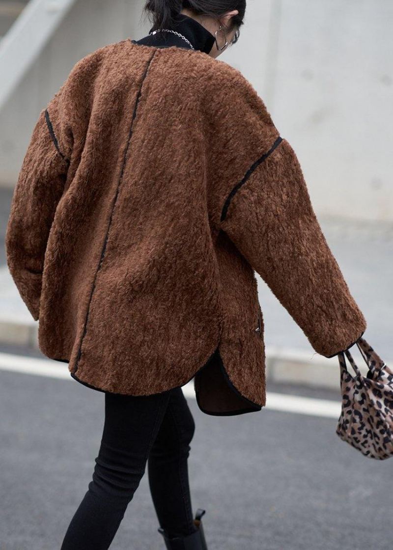 Manteaux Surdimensionnés Pour Femmes Manteau En Laine À Fermeture Éclair Col Rond Chocolat - Trenchs femmes