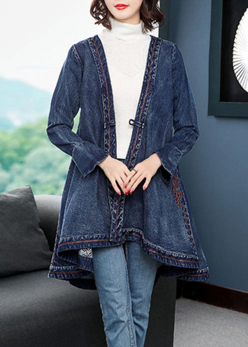 Mode Bleu Bas Haute Conception Col En V Brodé Coton Denim Trench Manteaux À Manches Longues