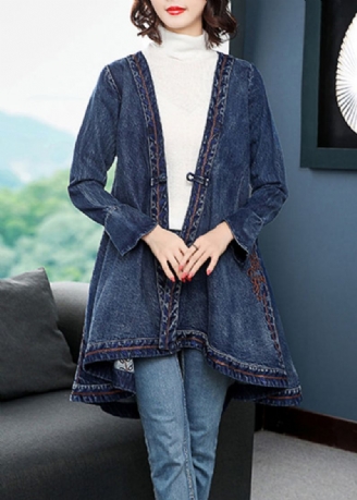 Mode Bleu Bas Haute Conception Col En V Brodé Coton Denim Trench Manteaux À Manches Longues