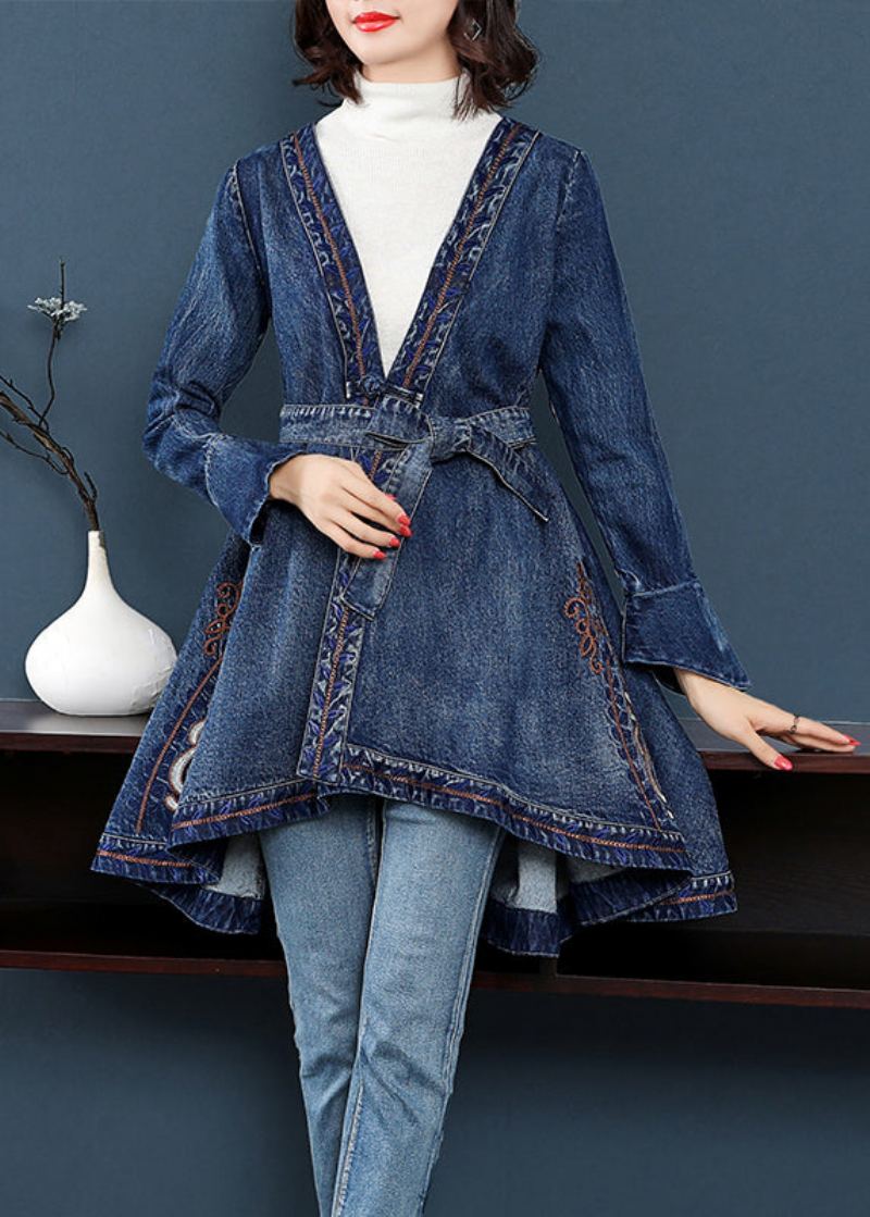 Mode Bleu Bas Haute Conception Col En V Brodé Coton Denim Trench Manteaux À Manches Longues - Trenchs femmes