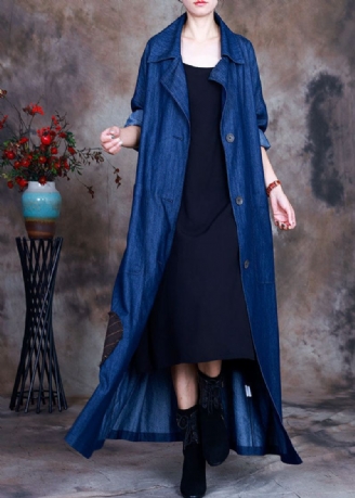 Mode Bleu Bouton Cravate Taille Col Claudine Coton Denim Trench Manteaux Printemps