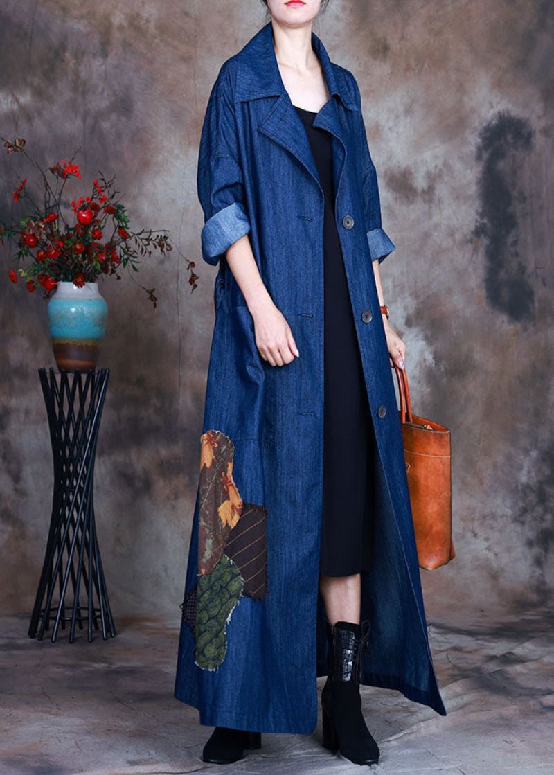 Mode Bleu Bouton Cravate Taille Col Claudine Coton Denim Trench Manteaux Printemps - Trenchs femmes