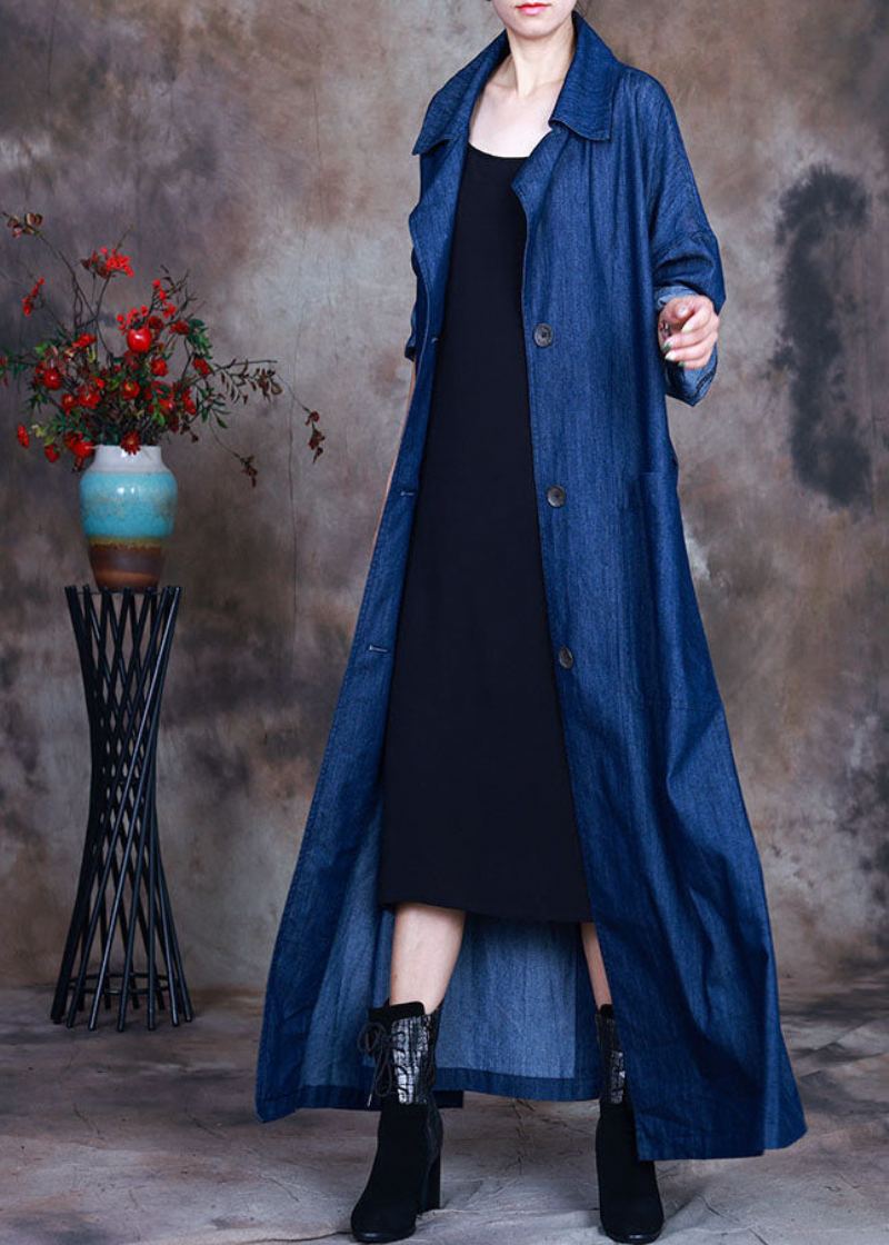 Mode Bleu Bouton Cravate Taille Col Claudine Coton Denim Trench Manteaux Printemps - Trenchs femmes