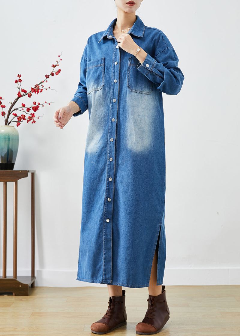 Mode Bleu Boutonné Côté Ouvert Denim Trench Manteaux Automne - Trenchs femmes