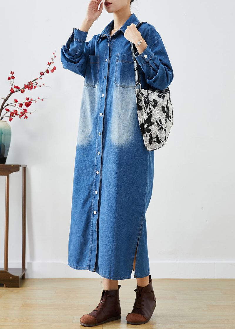 Mode Bleu Boutonné Côté Ouvert Denim Trench Manteaux Automne - Trenchs femmes