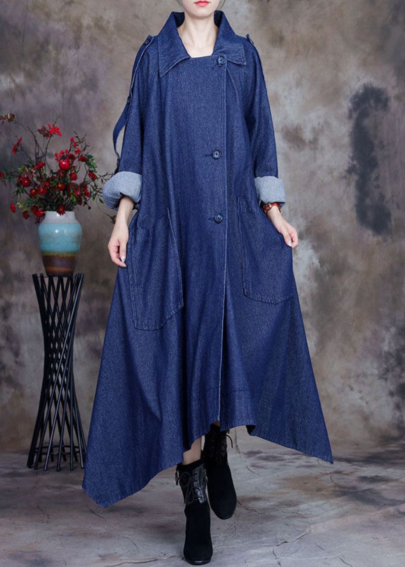 Mode Bleu Conception Asymétrique Bouton Col Claudine Coton Denim Trench Manteaux Printemps