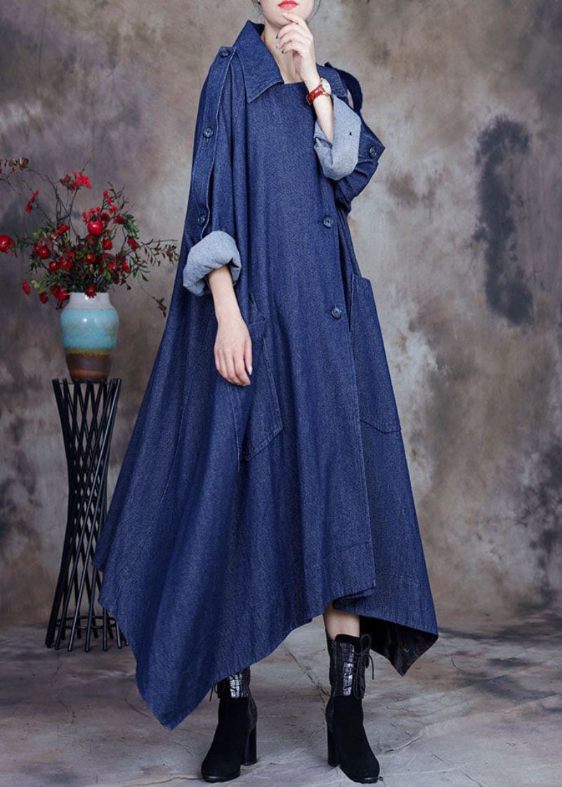 Mode Bleu Conception Asymétrique Bouton Col Claudine Coton Denim Trench Manteaux Printemps - Trenchs femmes