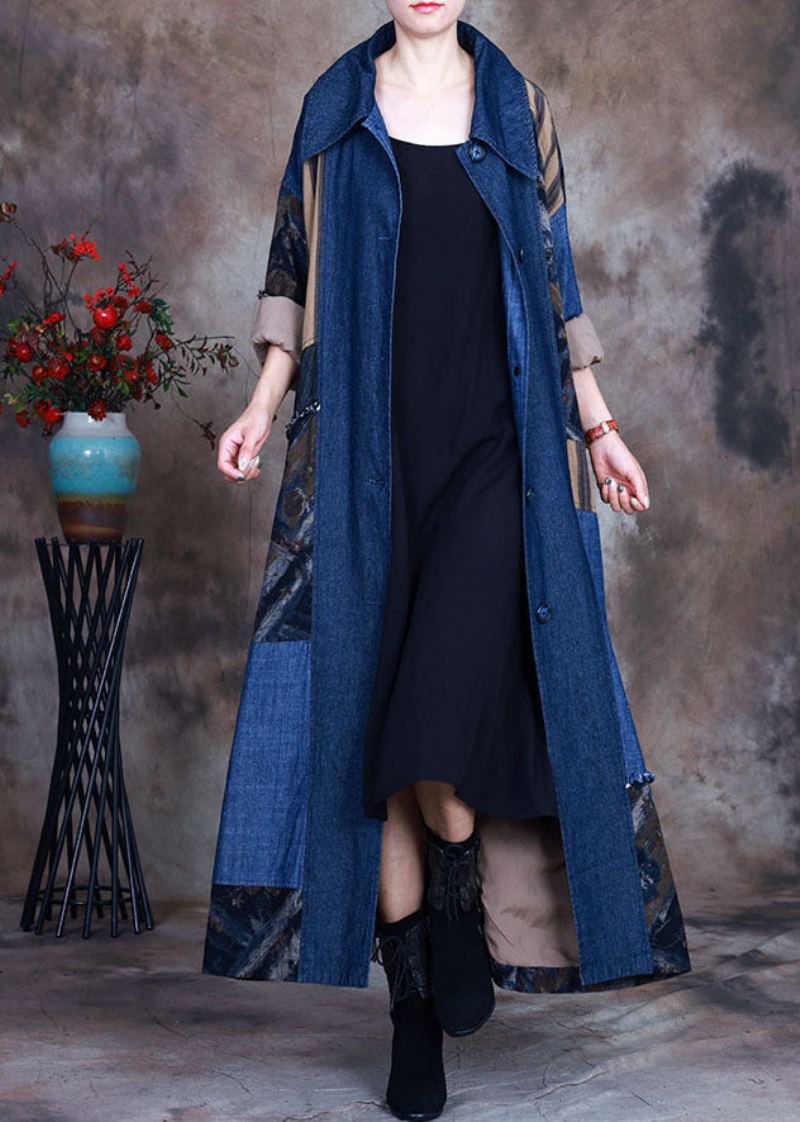 Mode Bleu Cravate Taille Col Claudine Patchwork Coton Denim Trench Printemps