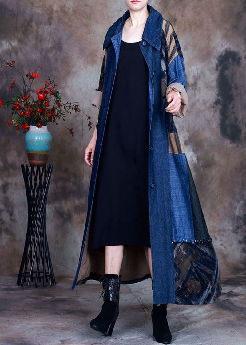 Mode Bleu Cravate Taille Col Claudine Patchwork Coton Denim Trench Printemps - Trenchs femmes