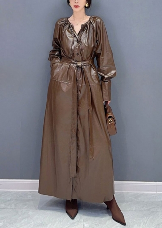 Mode Café Cordon Cravate Taille Faux Cuir Long Trench Coat Automne