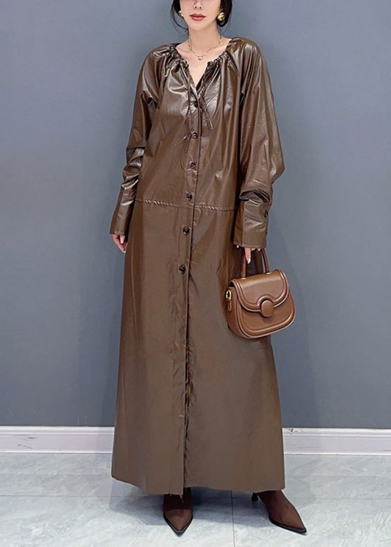 Mode Café Cordon Cravate Taille Faux Cuir Long Trench Coat Automne - Trenchs femmes