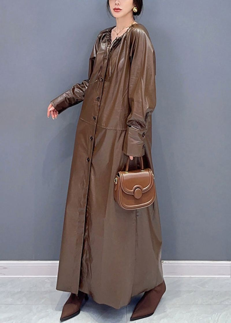 Mode Café Cordon Cravate Taille Faux Cuir Long Trench Coat Automne - Trenchs femmes