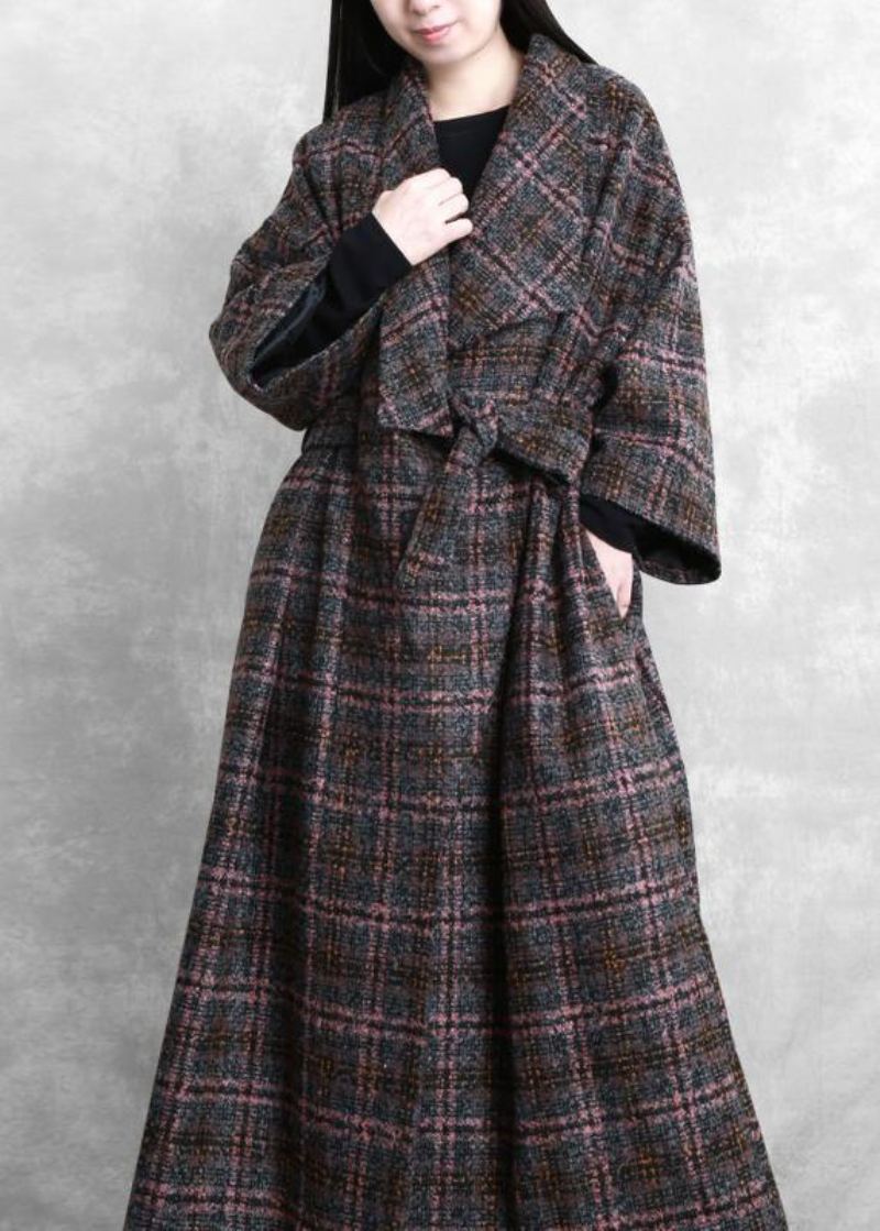 Mode À La Grande Taille Femmes Manteaux Gris Plaid Cravate Poches Manteau De Laine - Trenchs femmes