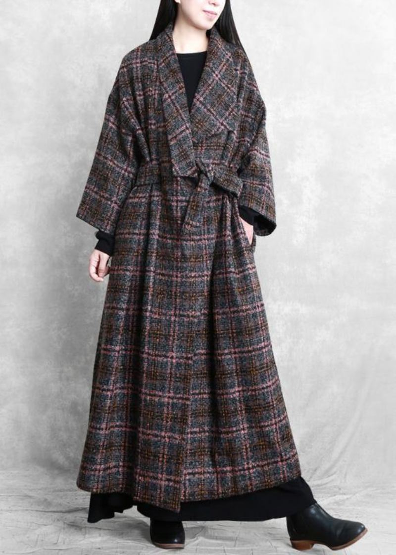 Mode À La Grande Taille Femmes Manteaux Gris Plaid Cravate Poches Manteau De Laine - Trenchs femmes