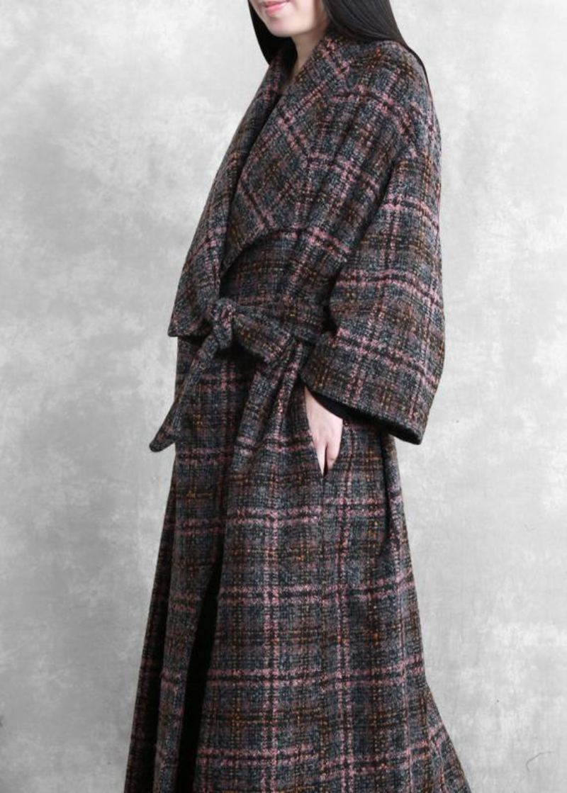 Mode À La Grande Taille Femmes Manteaux Gris Plaid Cravate Poches Manteau De Laine - Trenchs femmes