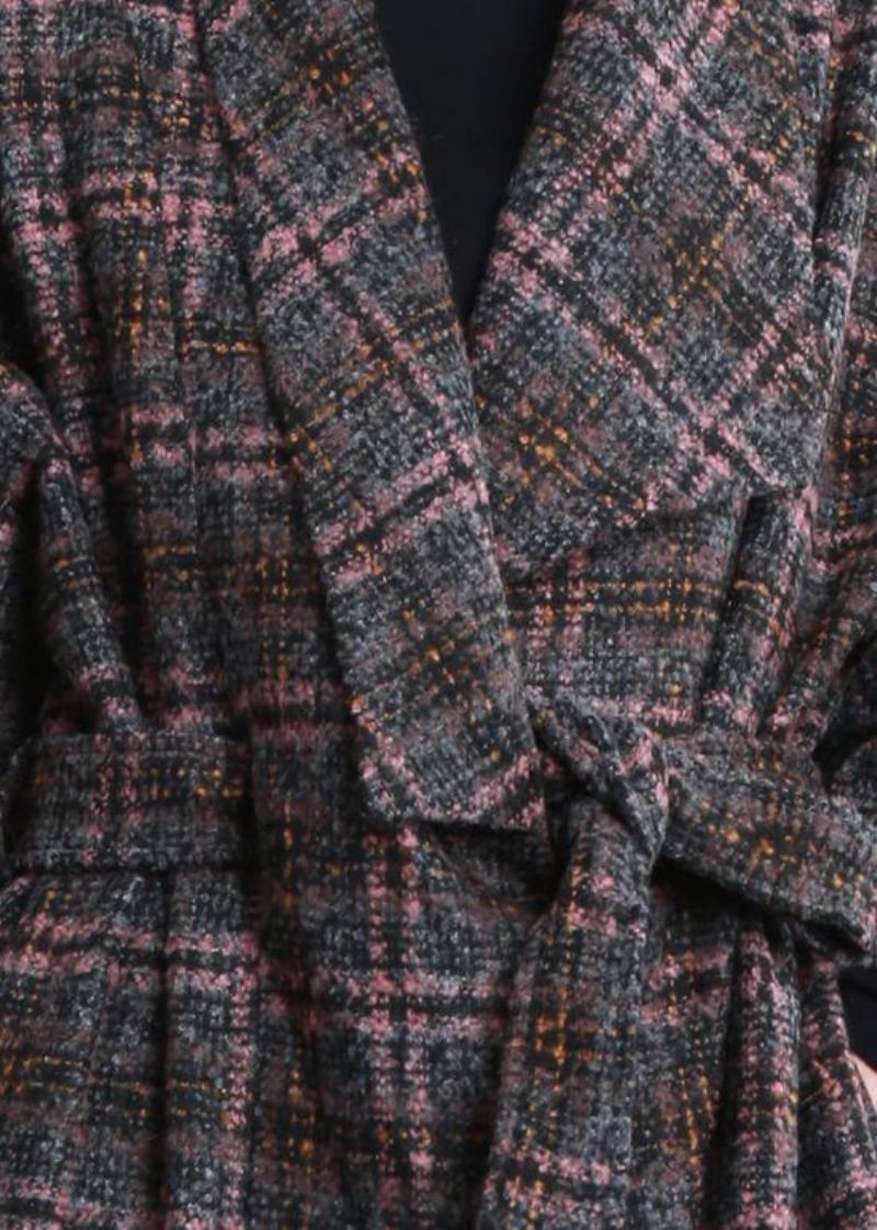 Mode À La Grande Taille Femmes Manteaux Gris Plaid Cravate Poches Manteau De Laine - Trenchs femmes