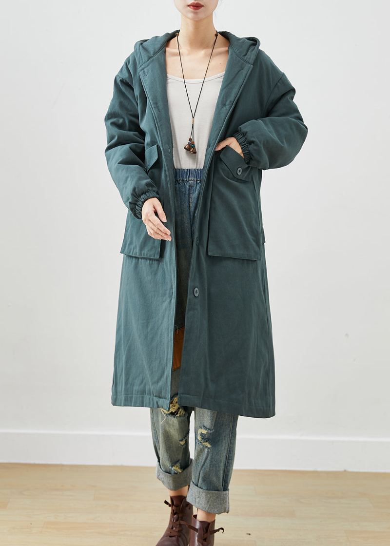 Mode Noirâtre Vert À Capuche Poches Épais Chaud Polaire Trench Automne - Trenchs femmes