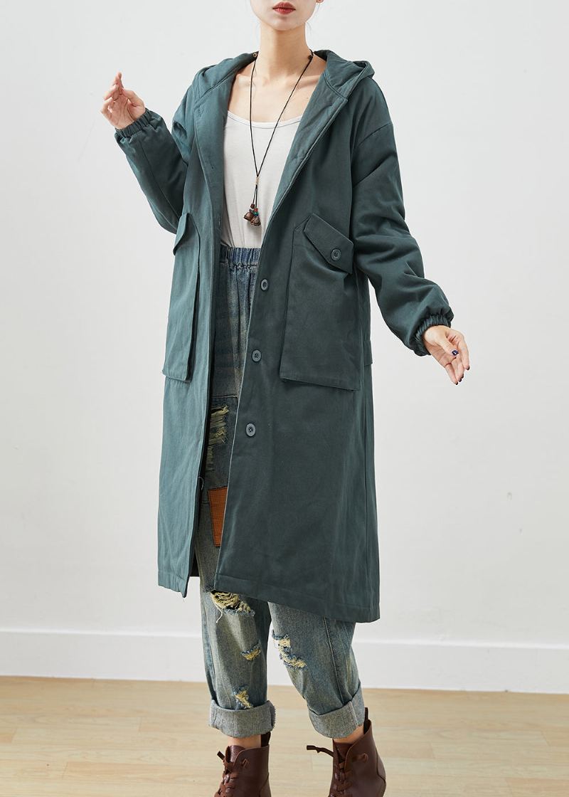 Mode Noirâtre Vert À Capuche Poches Épais Chaud Polaire Trench Automne - Trenchs femmes