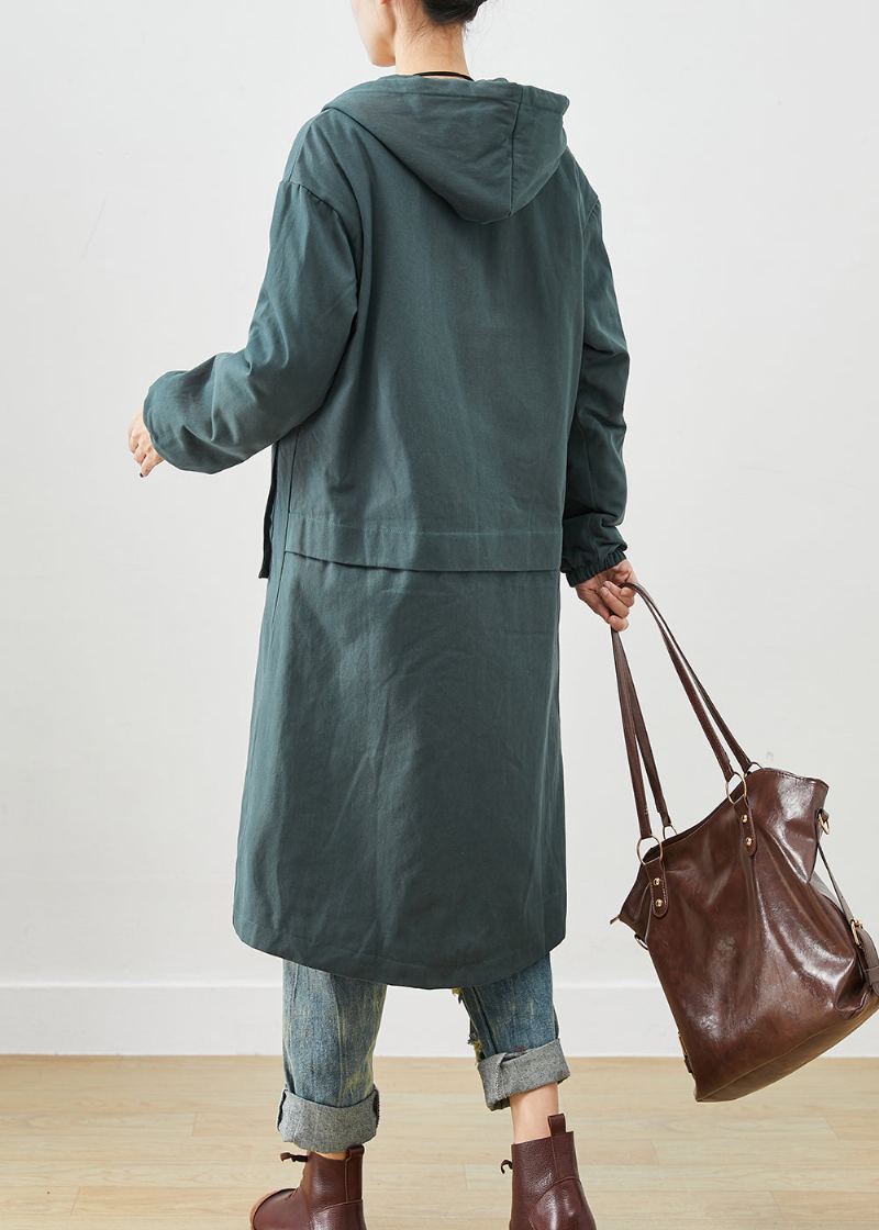 Mode Noirâtre Vert À Capuche Poches Épais Chaud Polaire Trench Automne - Trenchs femmes