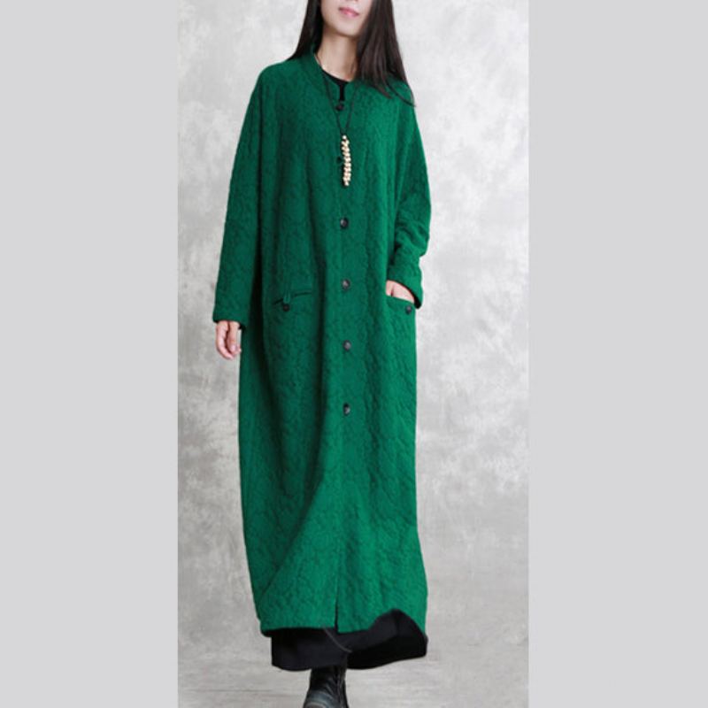 Mode Vert Maxi Manteau Décontracté Stand Poches Coton Lin Femmes À Manches Longues Baggy