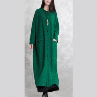 Mode Vert Maxi Manteau Décontracté Stand Poches Coton Lin Femmes À Manches Longues Baggy