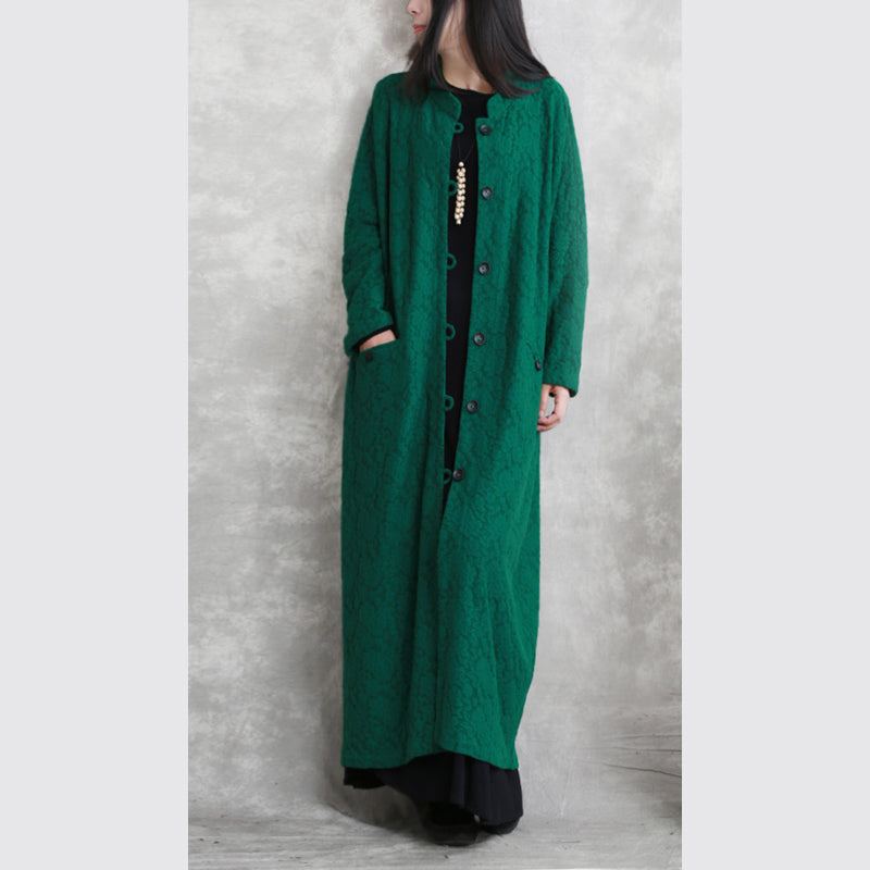 Mode Vert Maxi Manteau Décontracté Stand Poches Coton Lin Femmes À Manches Longues Baggy - Trenchs femmes