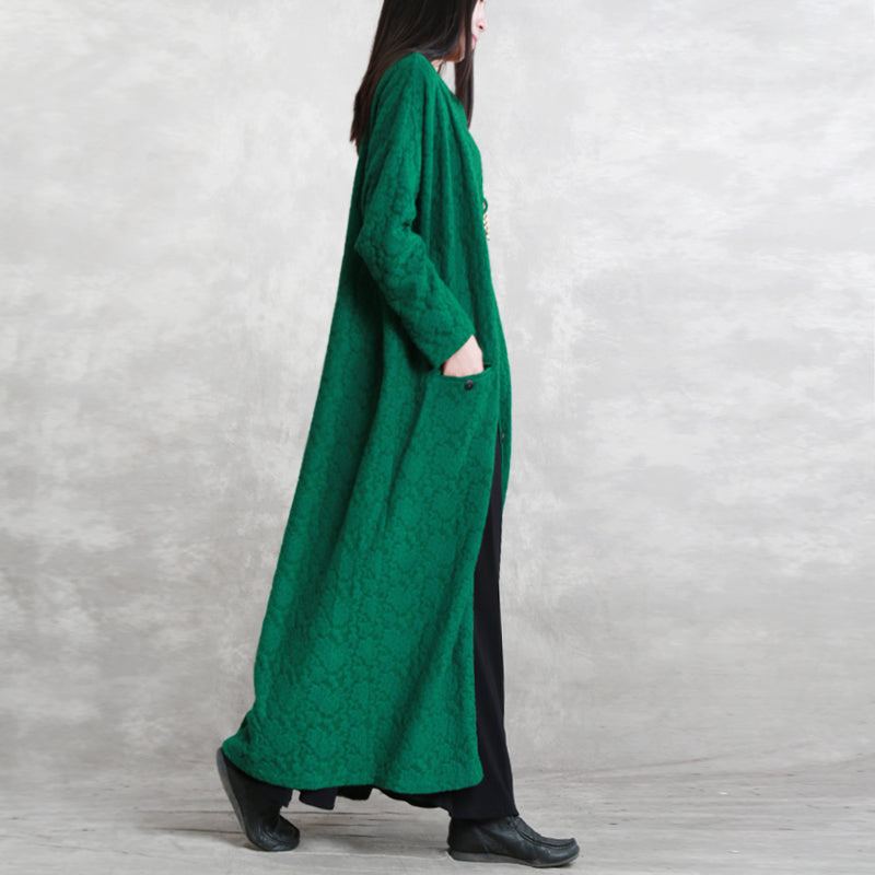 Mode Vert Maxi Manteau Décontracté Stand Poches Coton Lin Femmes À Manches Longues Baggy - Trenchs femmes