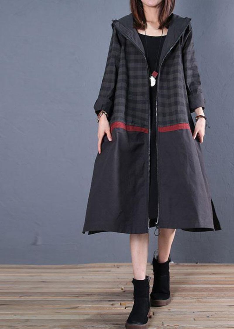 Nouveau Manteau Ample Long D'automne Noir À Capuche Patchwork