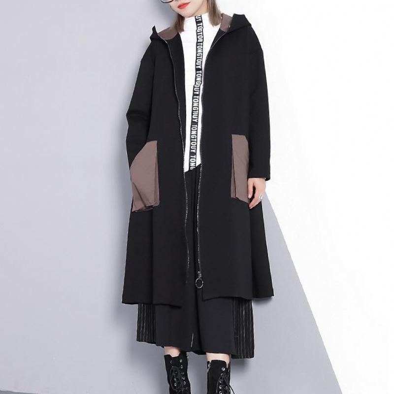 Nouveau Manteau D'hiver Noir Surdimensionné À Capuche Vêtements D'extérieur À Fermeture Éclair Poches Fines Trench Coat